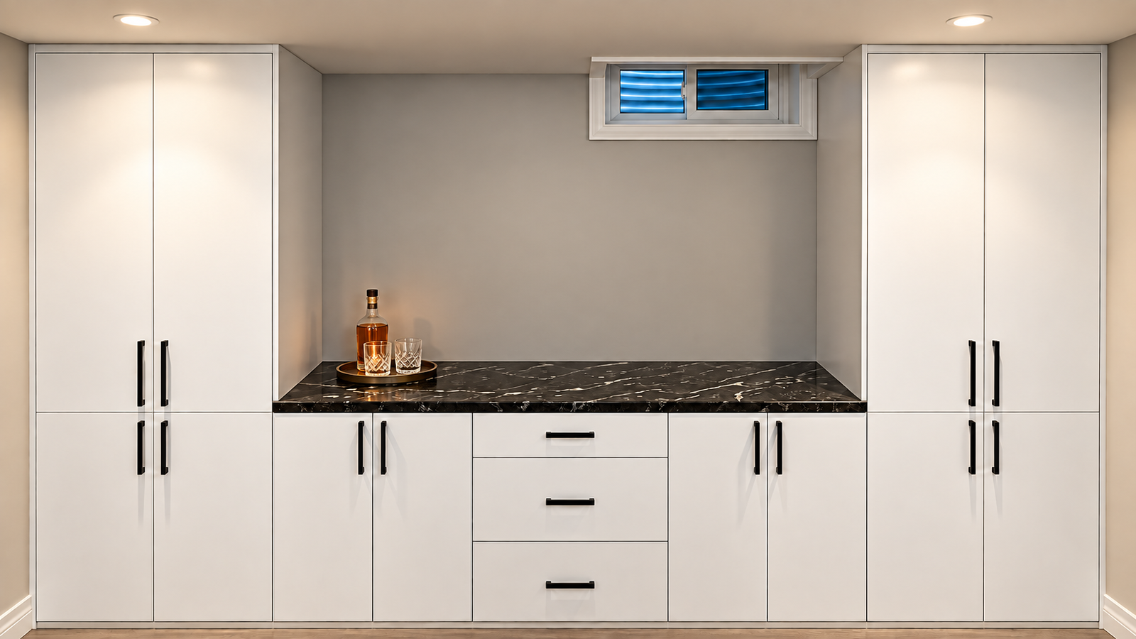White entertainment bar cabinetry with black counter and a small serving tray