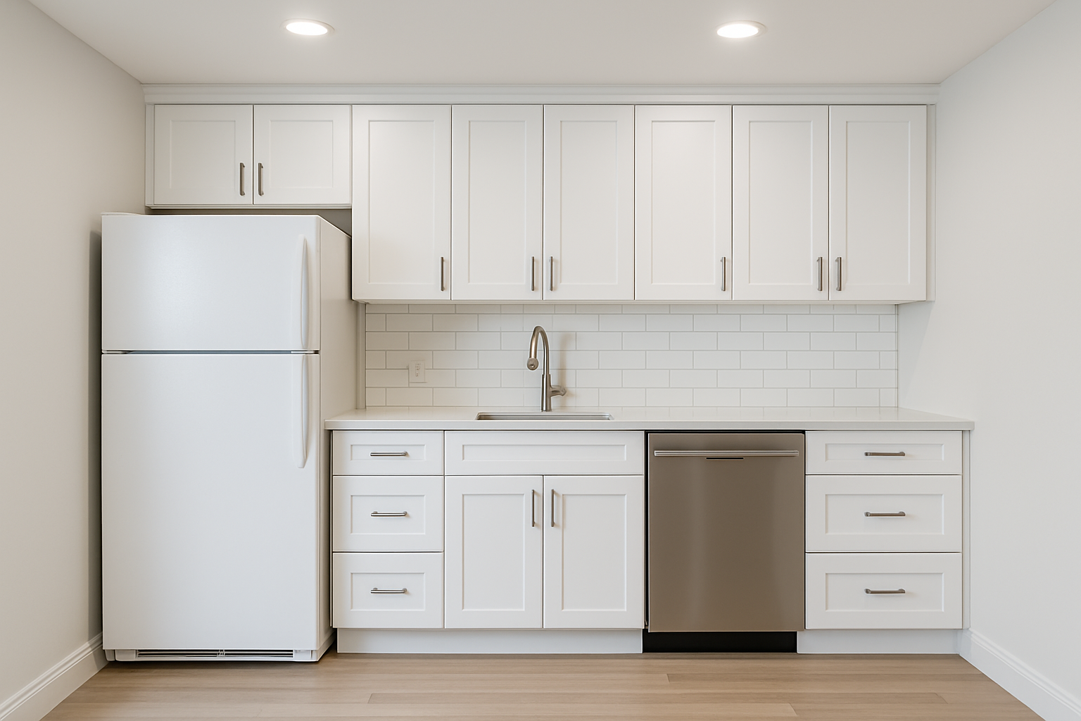 White kitchen cabinets with refrigerator, sink, dishwasher and drawers