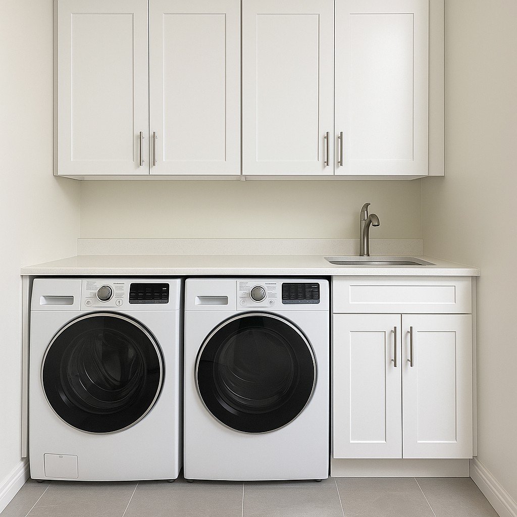 White laundry cabinets above a washer and dryer with a sink and counter